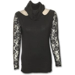 Gothic Elegance Lace Sleeve Cowl Neck Womens Small Long Sleeve Top - Black
