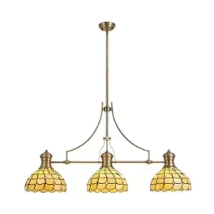 3 Light Telescopic Ceiling Pendant E27 With 30cm Tiffany Shade, Antique Brass, Beige, Clear Crystal - Luminosa Lighting