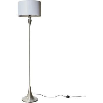 Brushed Chrome Spindle Floor Lamp Light with Fabric Lampshade - White