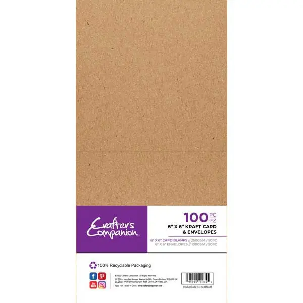 Crafter's Companion 6" x 6" Card Blanks & Envelopes Kraft 250 GSM Pack of 50
