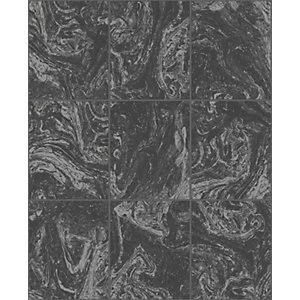 Contour Glitter Marble Tile Black Decorative Wallpaper - 10m