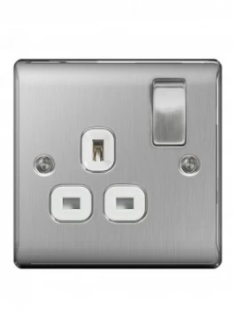 British General Brushed Steel 13A 1G Double Switched Socket White Surround