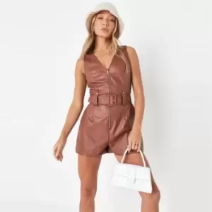 Missguided Faux Leather Belted Playsuit - Brown