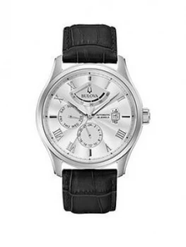 Bulova Wilton White Sunray And Silver Detail Day Date Dial Black Leather Strap Mens Watch