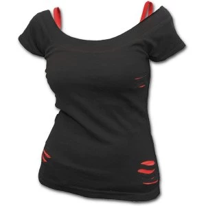 Urban Fashion 2In1 Red Ripped Womens Small Short Sleeve Top - Black