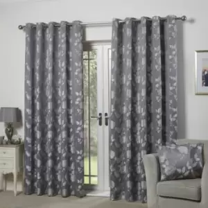 Emma Barclay Butterfly Meadow Floral Jacquard Lined Eyelet Curtains, Silver, 90 x 72 Inch