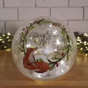 15cm Battery Operated Warm White LED Crackle Effect Ball Christmas Decoration with Christmas Wishes and Fox