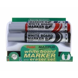 Pentel Maxiflo Marker Pens Whiteboard Pack of 4 with Eraser, Assorted