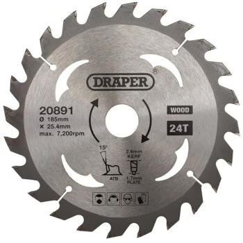 20891 TCT Circular Saw Blade for Wood 185 x 25.4mm 24T - Draper