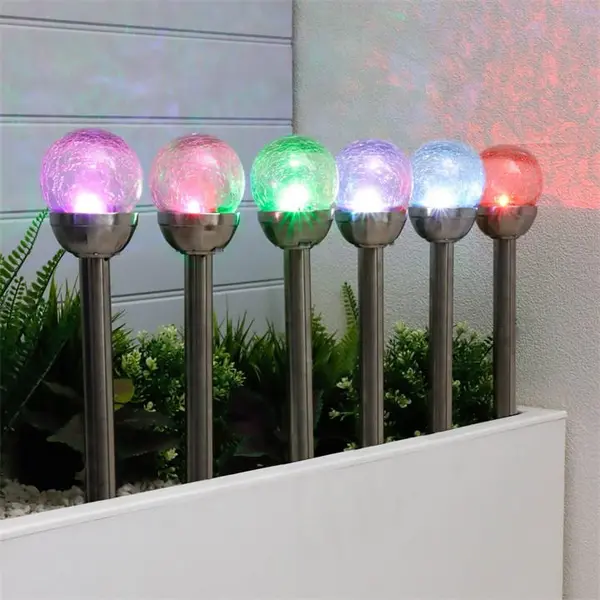 Streetwize Pack of 6 8cm Solar Crackle Glass Ball Stake Solar - Multi H 37cm
