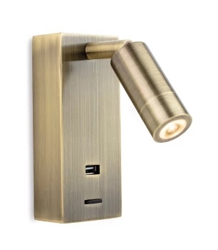 Clifton LED Wall Reading Light & USB Port Antique Brass