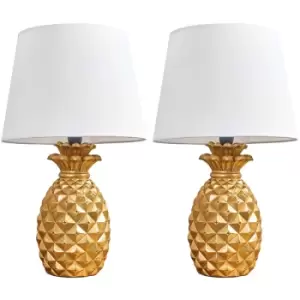 Minisun - 2 x Pineapple Table Lamps in Gold With Tapered Shades - White