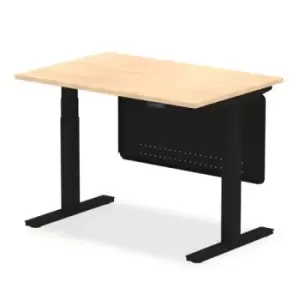Air 1200 x 800mm Height Adjustable Desk Maple Top Black Leg With Black Steel Modesty Panel