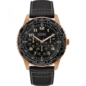 GUESS Gents copper watch with Black trim, dial and leather strap.