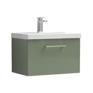 Arno Satin Green 600mm Wall Hung Single Drawer Vanity Unit with 40mm Profile Basin - ARN822A - Satin Green - Nuie