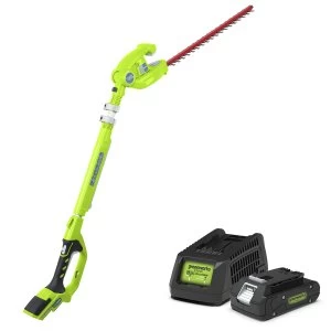 Greenworks 24v Long Reach Hedge Trimmer with 2Ah Lithium-ion Battery and Charger