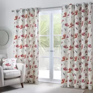 Fusion Dacey Contemporary Floral Print 100% Cotton Eyelet Lined Curtains, Red, 46 x 54 Inch