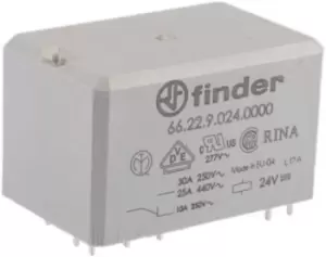 Finder, 24V dc Coil Non-Latching Relay DPDT, 30A Switching Current PCB Mount, 2 Pole, 66.22.9.024.0000