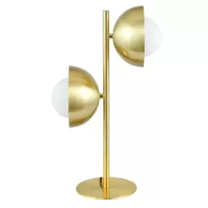 2 White Orb Globe and Brushed Brass Metal Table Lamp