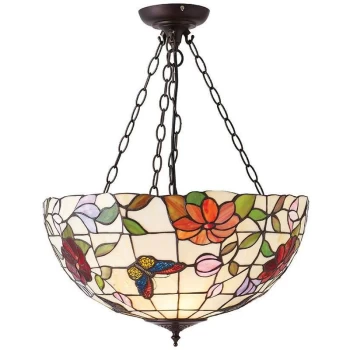 Interiors 1900 Lighting - Interiors Butterfly - 3 Light Large Ceiling Pendant Bronze, Tiffany Style Glass, E27