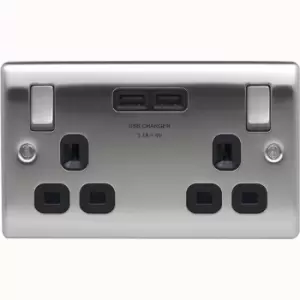 BG Nexus Metal Brushed Steel Single 2 Gang Plug Socket with 2 x USB Outlet Black Insert 13A - NBS22U3B
