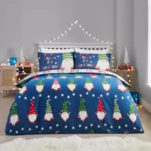 Fusion Christmas Gnome For Christmas 100% Brushed Cotton Reversible Duvet Cover Set, Navy, Double