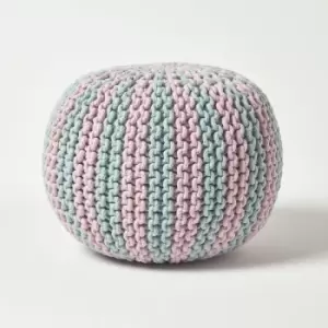 Pink and Blue Knitted Pouffe Striped Footstool 35 x 40cm - Pastel Blue & Pink - Homescapes