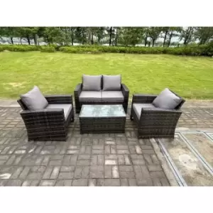 Fimous - 4 Seater Grey Mixed High Back Rattan Sofa Set Rectangular Coffee Table Garden Furniture Outdoor Patio