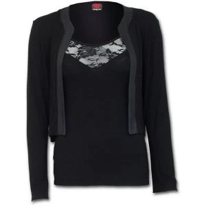 Gothic Elegance 2In1 Lace Vest Cardigan Womens Medium Long Sleeve Top - Black