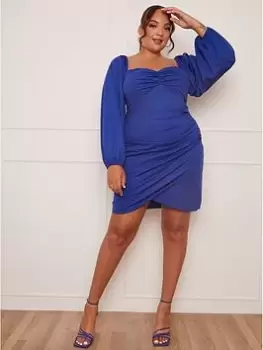 Chi Chi London Curve Long Sleeve Bodycon Mini Dress - Blue Size 20, Women