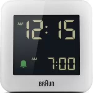 Braun Digital Alarm Clock with Snooze, Negative LCD Display, Quick Set, Crescendo Beep Alarm in White, model .