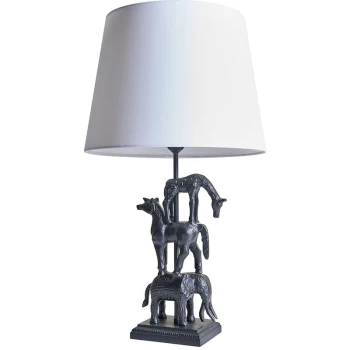 Matt Black Stacked Animal Table Lamp with Fabric Lampshade - White