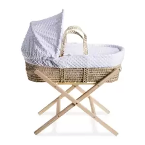 Clair de Lune Dimple Palm Moses Basket in White & Natural Folding Stand - White