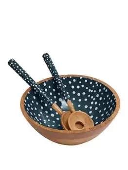 Dexam Sintra Mango Wood Spotted Salad Bowl And Serving Spoons Set - Ink Blue