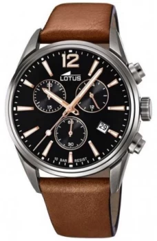 Lotus Mens Brown Leather Strap Black Chronograph Dial Watch