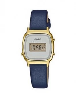 Casio Casio Retro White And Gold Detail Digital Dial Black Leather Strap Watch