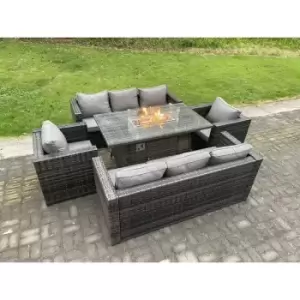Fimous 8 Seater Rattan Garden Furniture Sofa Set Outdoor Patio Gas Fire Pit Dining Table Gas Heater Burner With 2 Armchairs Dark Grey Mixed
