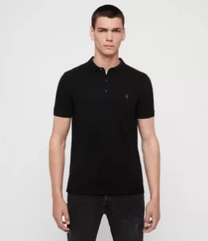 AllSaints Mens Cotton Slim Fit Reform Short Sleeve Three-Button Polo Shirt, Black, Size: S