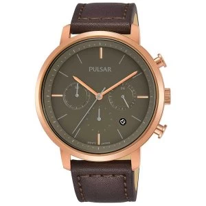Pulsar PT3940X1 Mens Brown Leather Strap Chronograph Rose Gold Case 100M Watch
