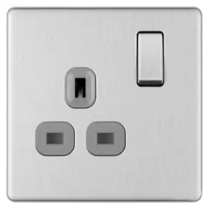 Bg Brushed Steel 13A 1 Gang Double Pole Switched Socket Grey Surround - Screwless Flatplate - 286902