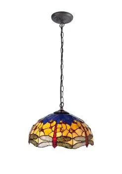 1 Light Downlighter Ceiling Pendant E27 With 40cm Tiffany Shade, Blue, Orange, Crystal, Aged Antique Brass
