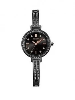 Citizen Eco-Drive Black And Rose Gold Detail Diamond Set Date Dial Two Tone Stainless Steel Bracelet Ladies Watch