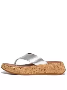 FitFlop F-mode Leather Cork Flatform Toe-post Sandals - Silver, Metal, Size 8, Women