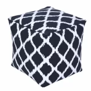 Small Ikat Design Blue and Natural Colour Square Bean Filled Pouffe - Navy Blue & Natural - Homescapes