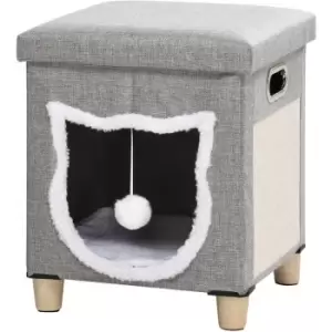 PawHut 2 in 1 Cat Bed Ottoman w/ Removable Cushion, Handles, Scratching Pad - Grey