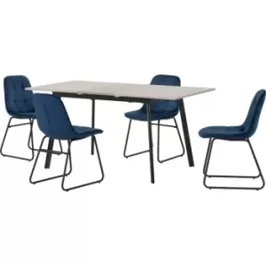Avery Extending Dining Table + 4 Lukas Chairs Set - Concrete & Blue Velvet