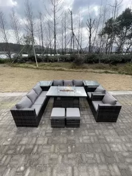 10 Seater Outdoor Lounge Rattan Sofa Set Garden Furniture Gas Firepit Set Heater Dining Table With Chair