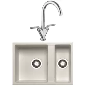 Enza 1.5 Bowl White Undermount Granite Kitchen Sink & Kitchen Mixer Tap in Chrome
