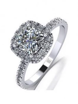 Moissanite Platinum 1.4ct Total Equivalent Cushion Centre Halo Ring, One Colour, Size N, Women