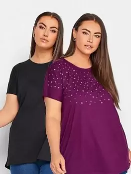 Yours 2 Pack Embellished T-Shirt - Black/Purple, Black, Size 26-28, Women
